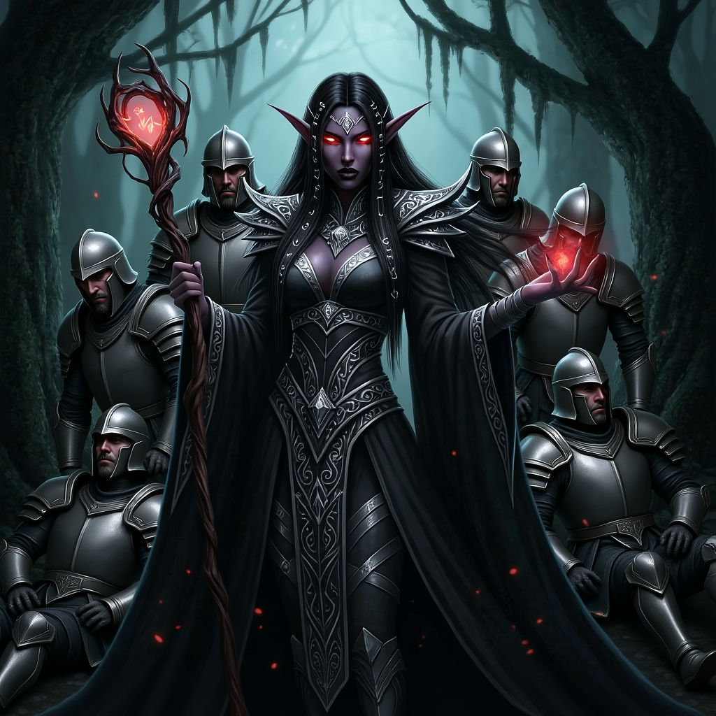 Ethereal Dark Elf Warlock in Forest, Dramatic Lighting