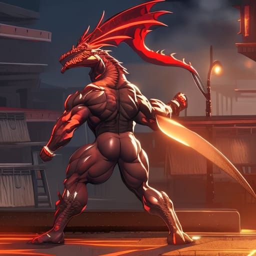 Dragon Bodybuilder at Night Market in Detailed Digital Art