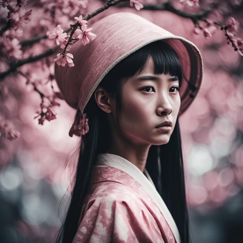 Pink Monochrome Portrait in Ukiyo-e Style