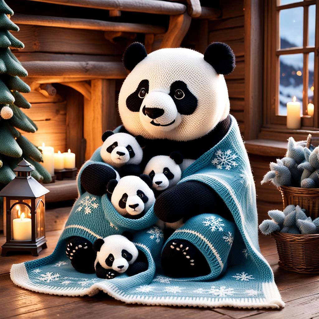 mama panda with her prized  adorable babies , cuddled togeth...
