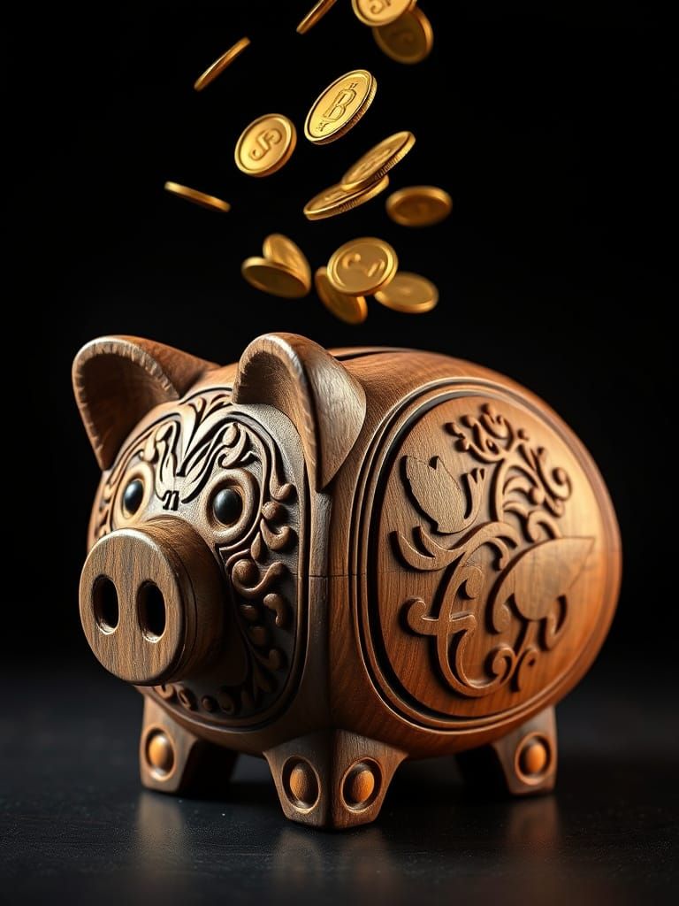 Golden Coins Hovering Over Carved Piggy Bank