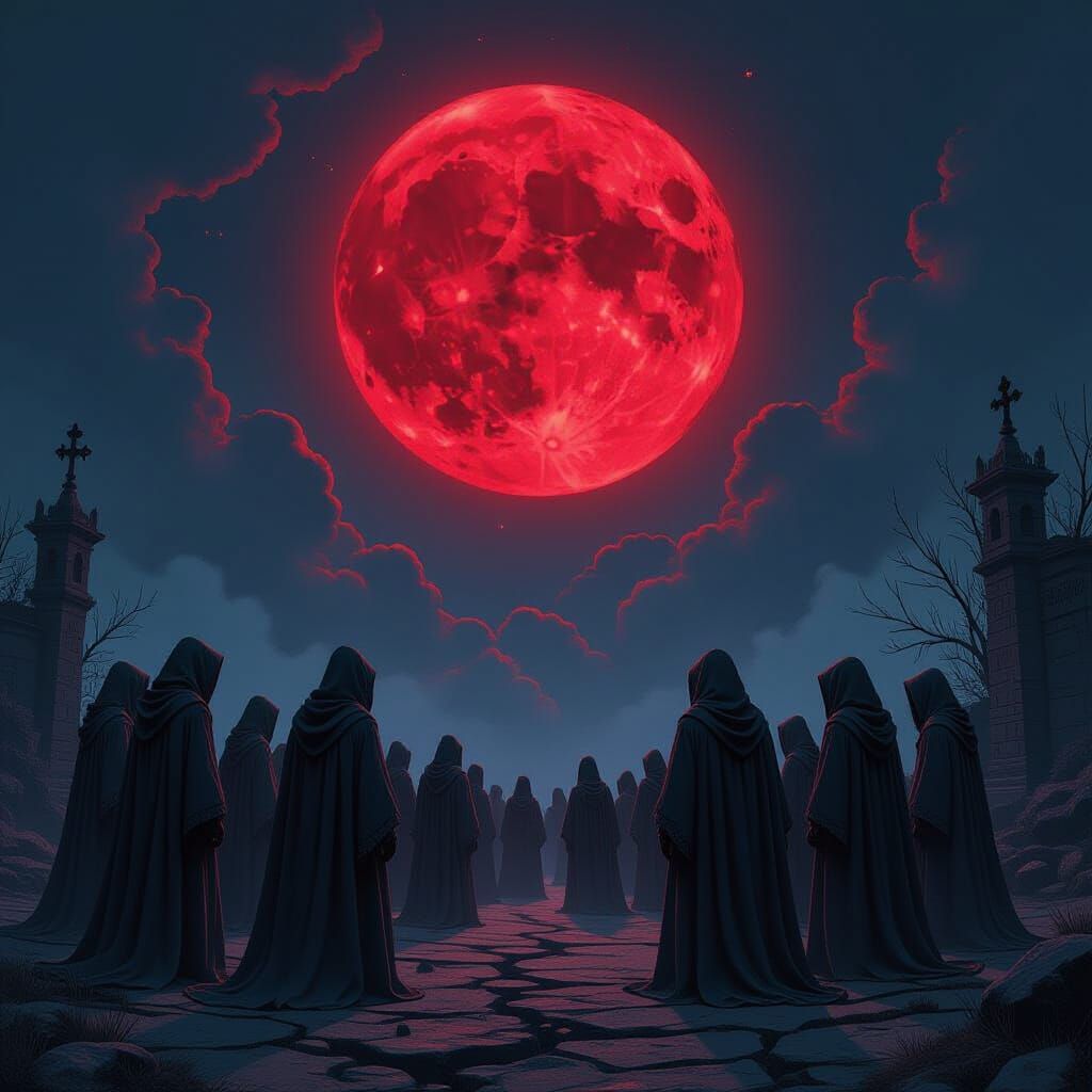 Gothic Cultists Under Red Moon in 2.5D Style