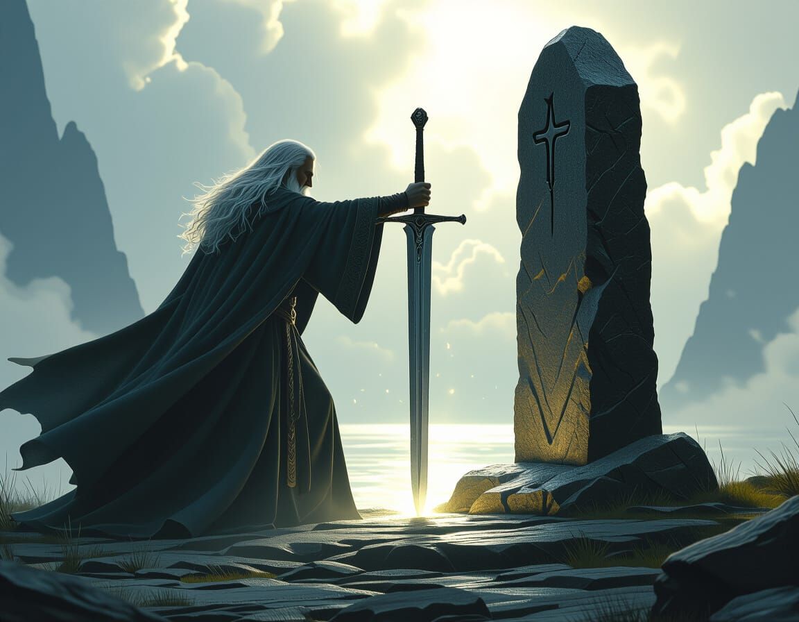 Merlin Pushes Excalibur Into Stone: Digital Art