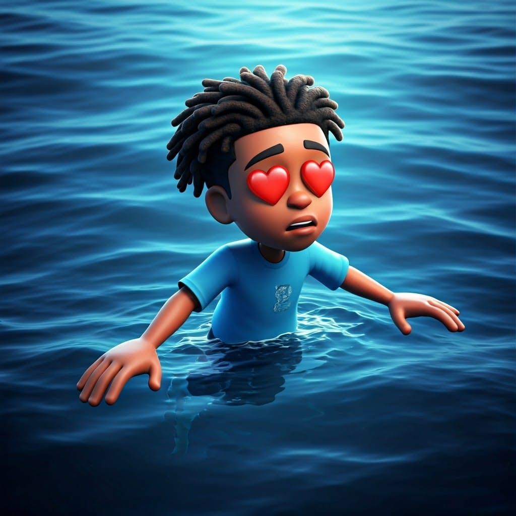 Bitmoji-Style Underwater Hero in Heart-Eyed Struggle