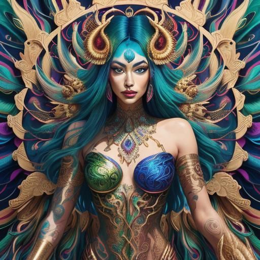 Woman with Dragon Body and Peacock Feathers