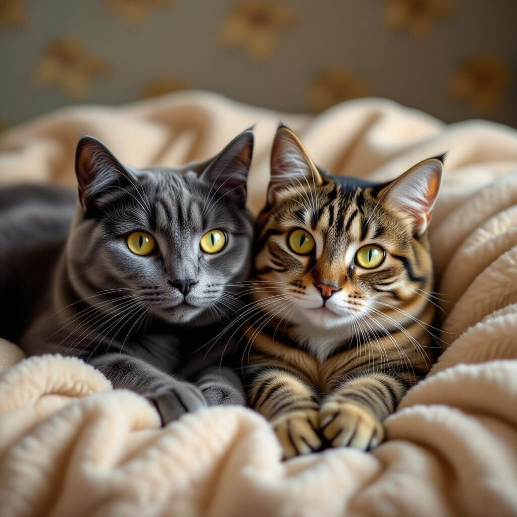 Two cats, One grey cat & one tabby cat with striking yellow ...