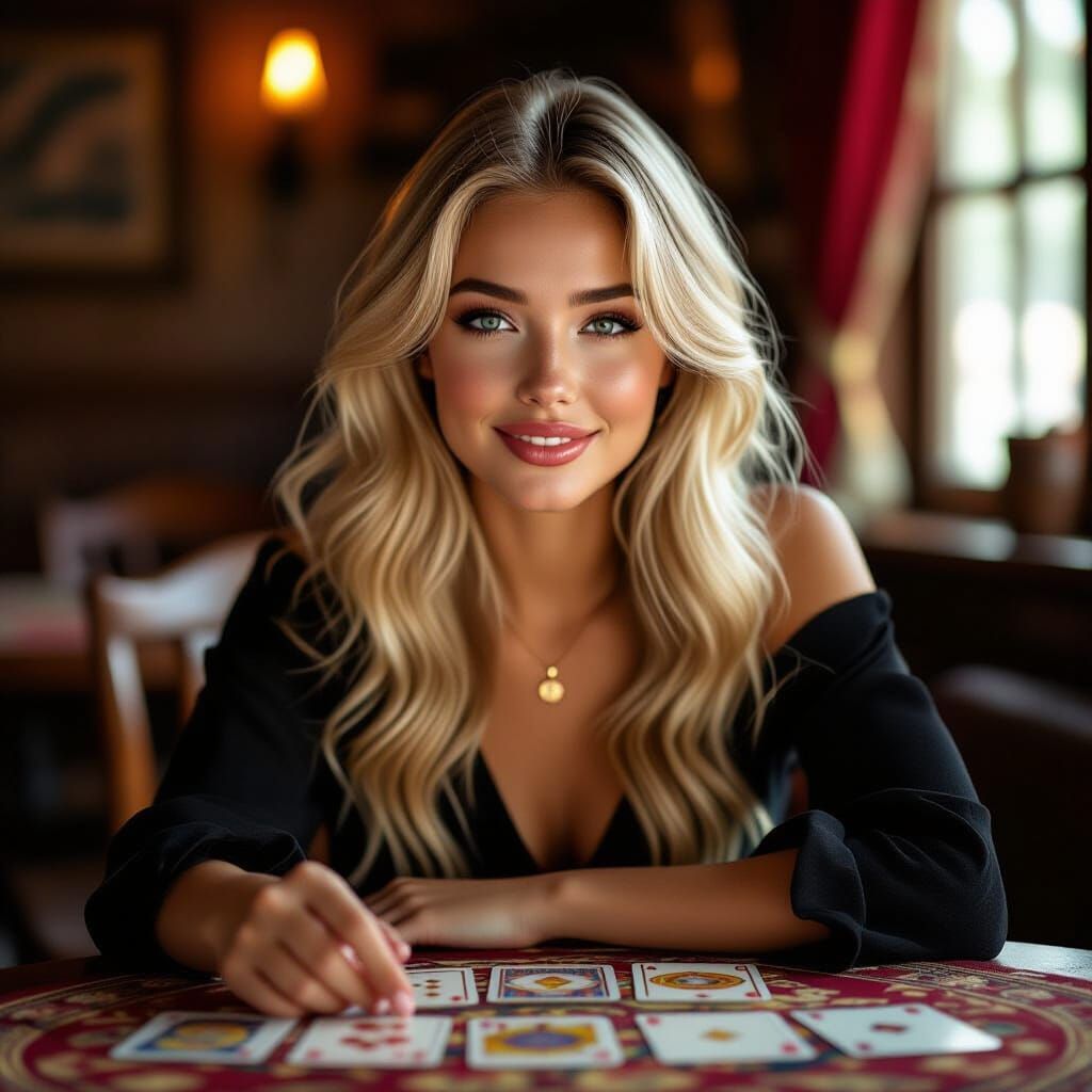 Young Woman Reads Fortune with Cards, Photorealistic Portrai...