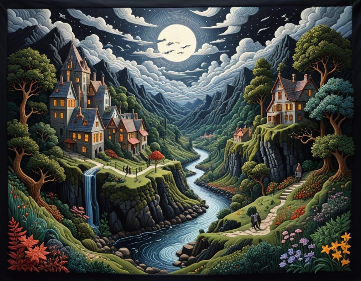 Woven Tapestry Surrealism, Escher 3D Dreamscape, Embroidery,...