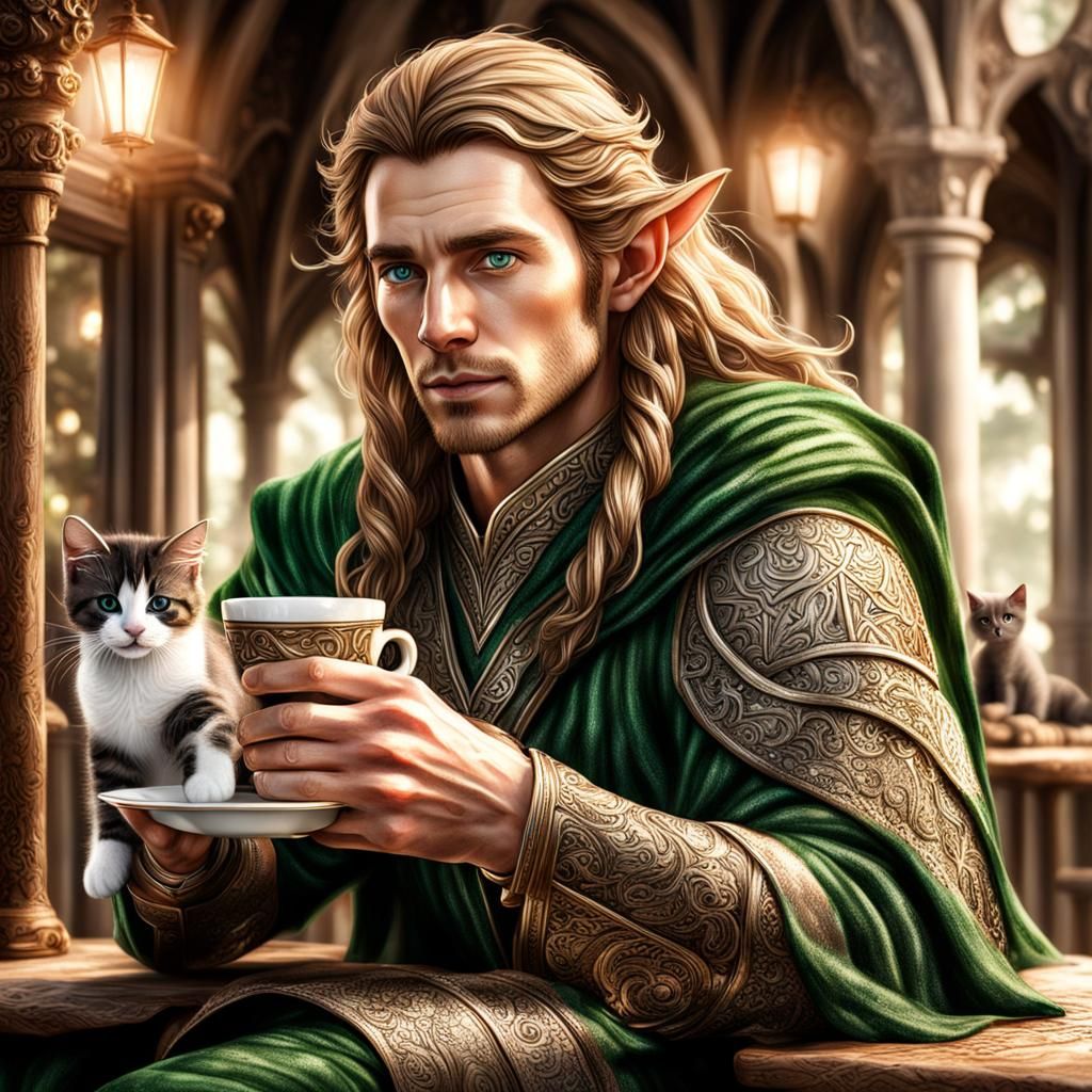 Elven Man with Kitten Enjoying Coffee