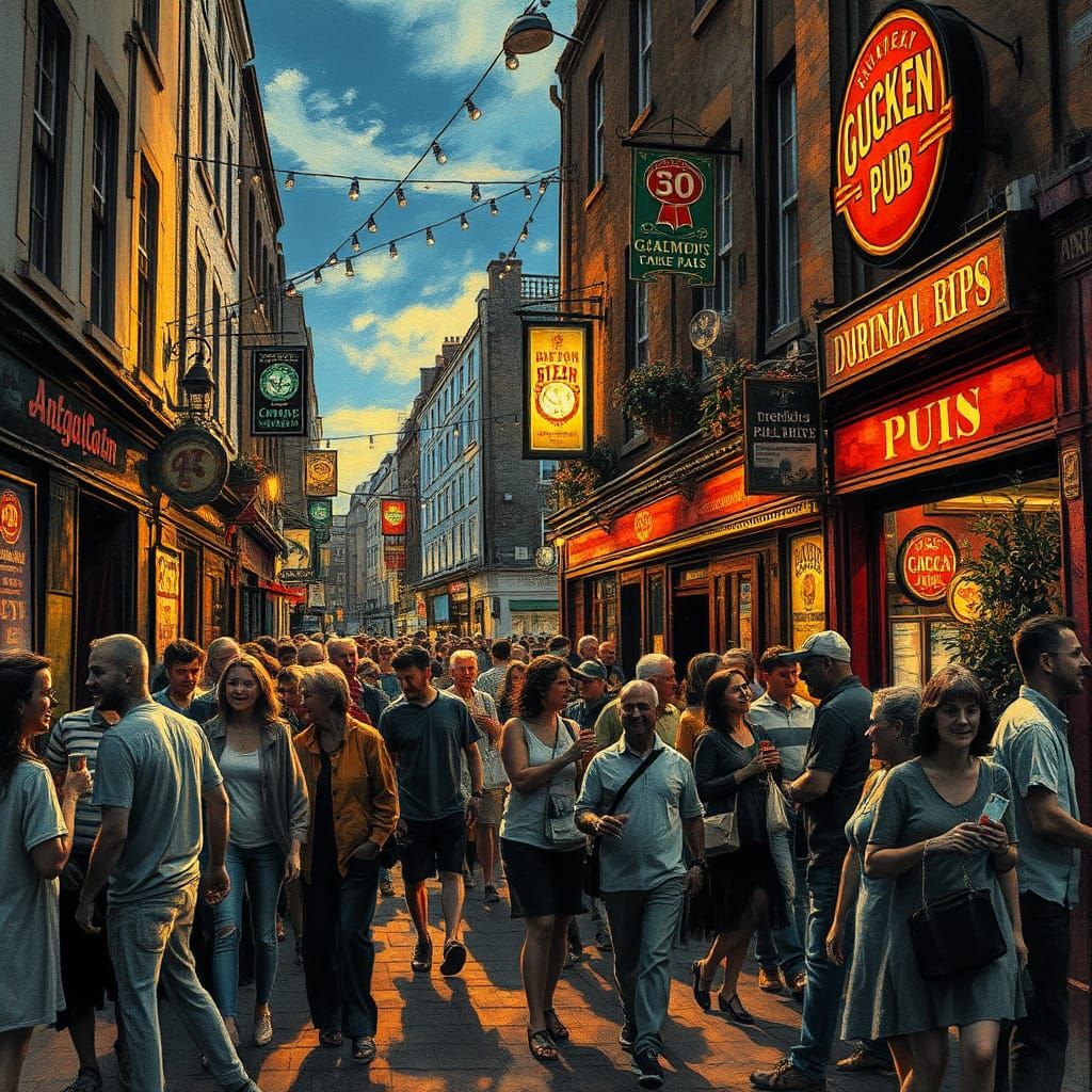 Vibrant Dublin Pub Street Scene as Charcoal Drawing