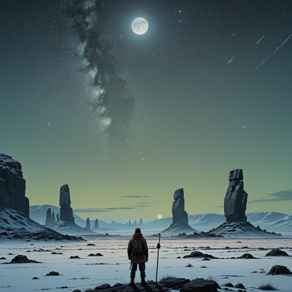 Hunter-Gatherer in Eerie Moonlit Landscape with Easter Islan...