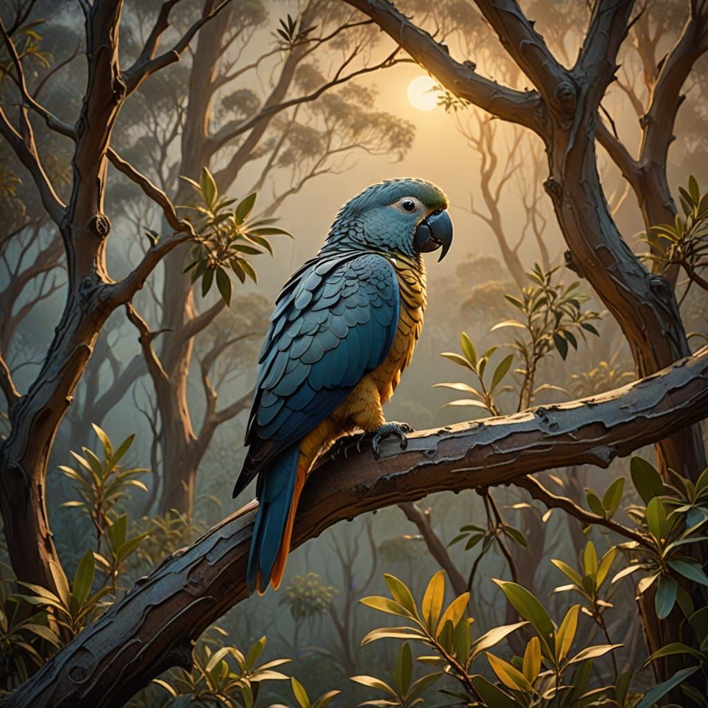 Whimsical Kakatua on a Glowing Eucalipto