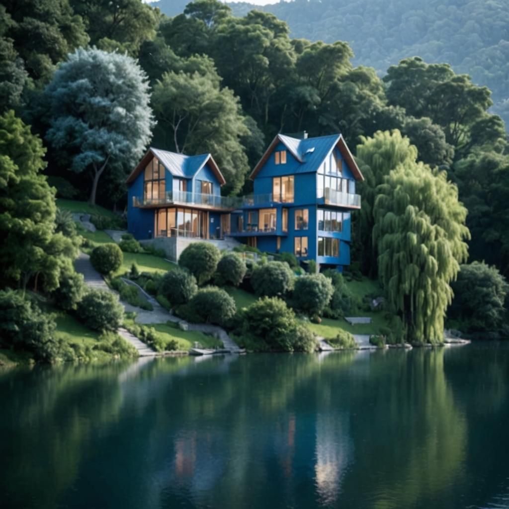 Blue House Overlooking Lake, Hillside Setting