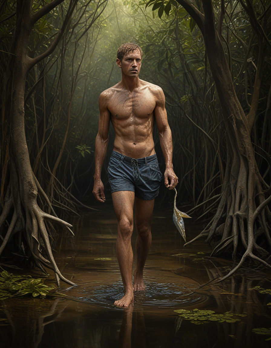 Surreal Mangrove Forest Encounter in Phantasmagorical Style