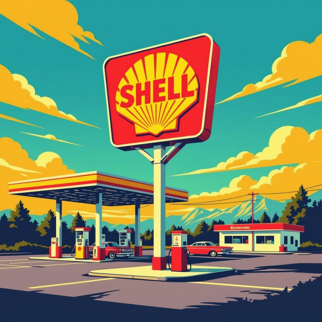 Retro SHELL Sign in Warhol-Inspired Pop Art