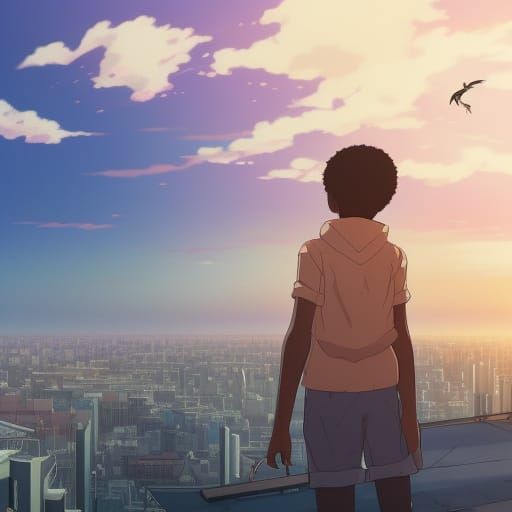 Boy on Skyscraper Roof in Anime Style