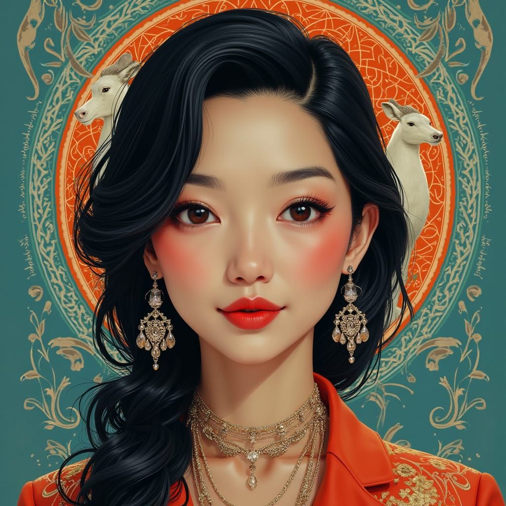 Asian-American Actress Lucy Liu in Elegant Art Nouveau Style...