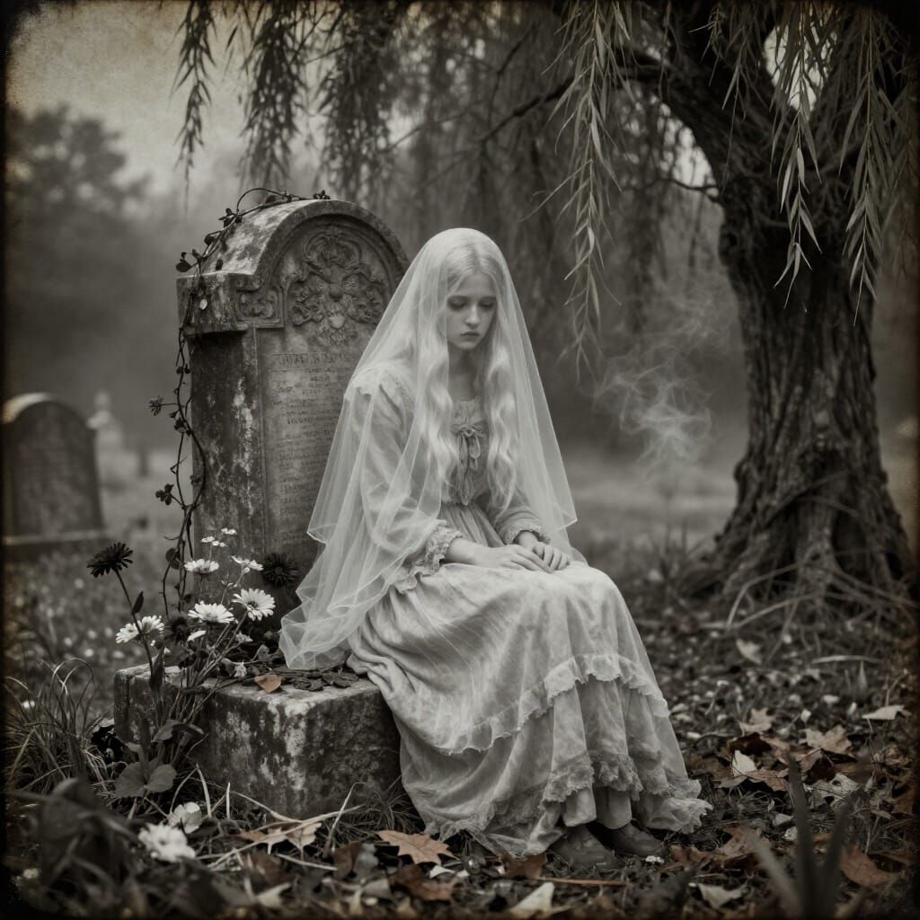 Sad Ghost Girl in Victorian Cemetery