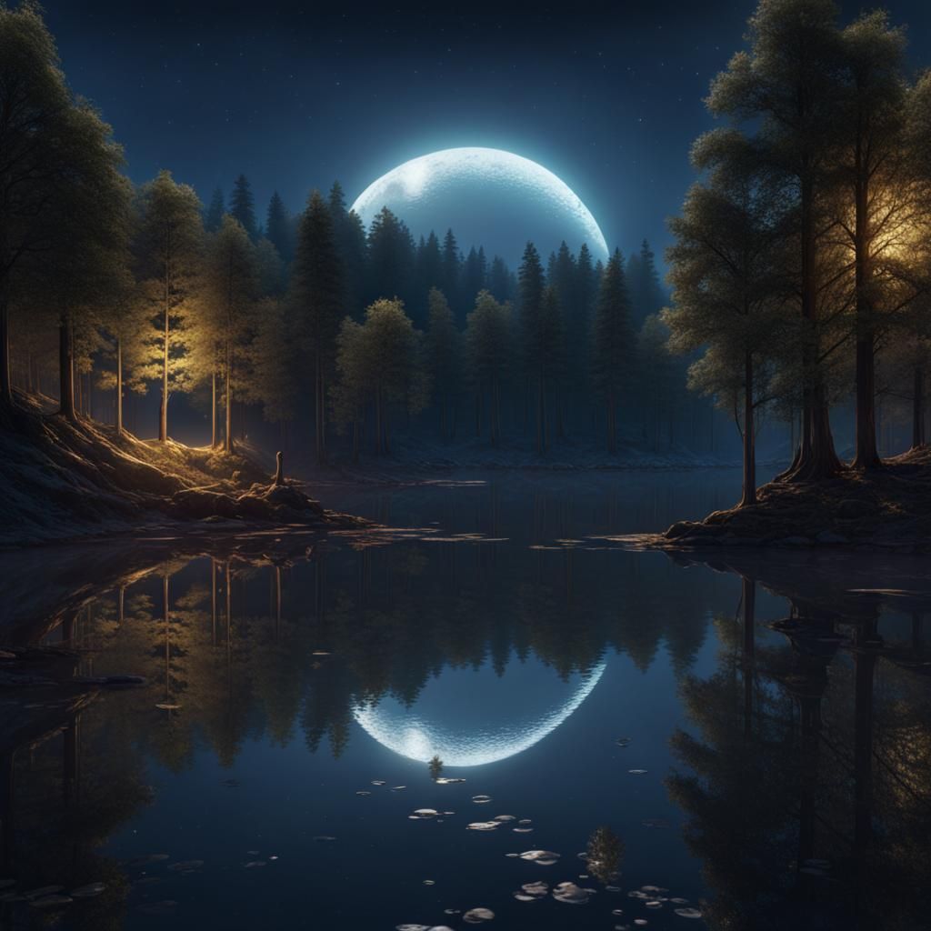 Moonlit Lake Shimmers: Fantastical Matte Painting