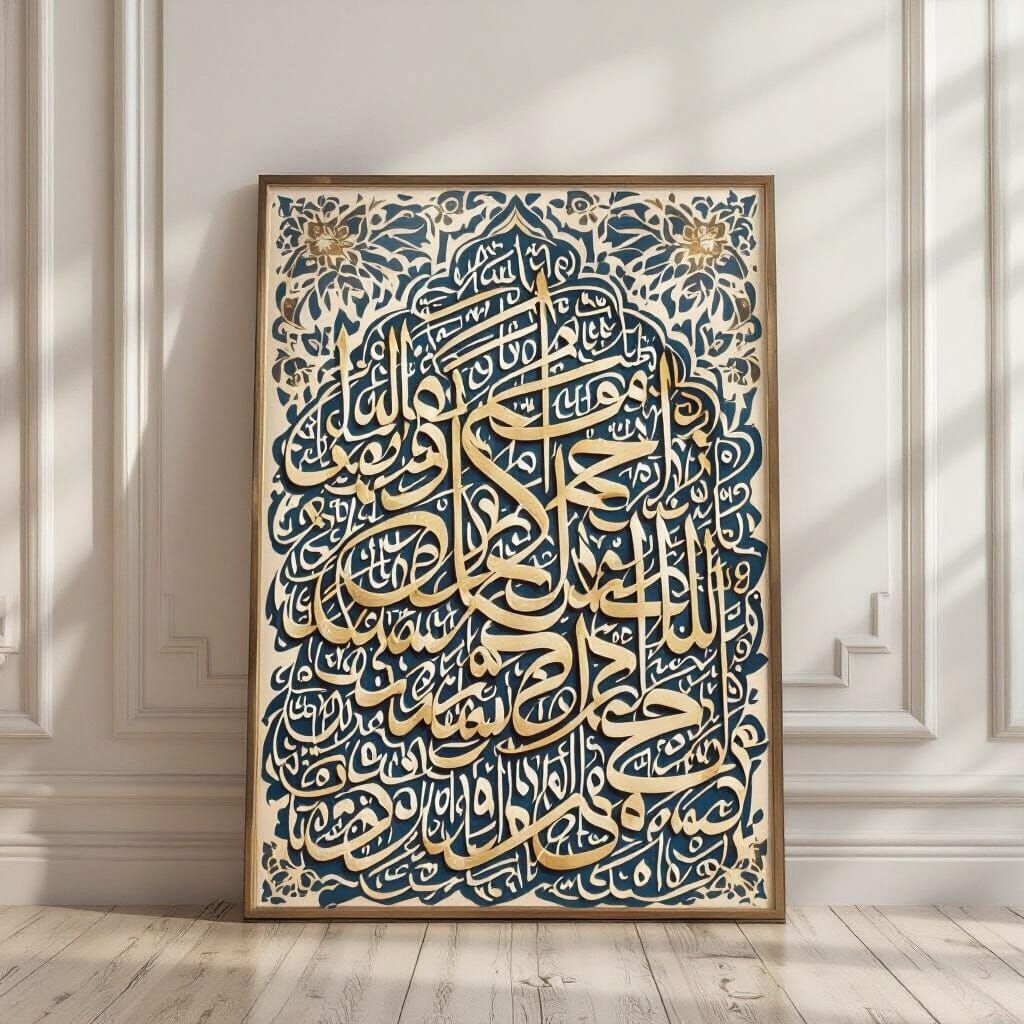 Majestic Arabic Calligraphy of Ayatul Kursi in Gold and Blue