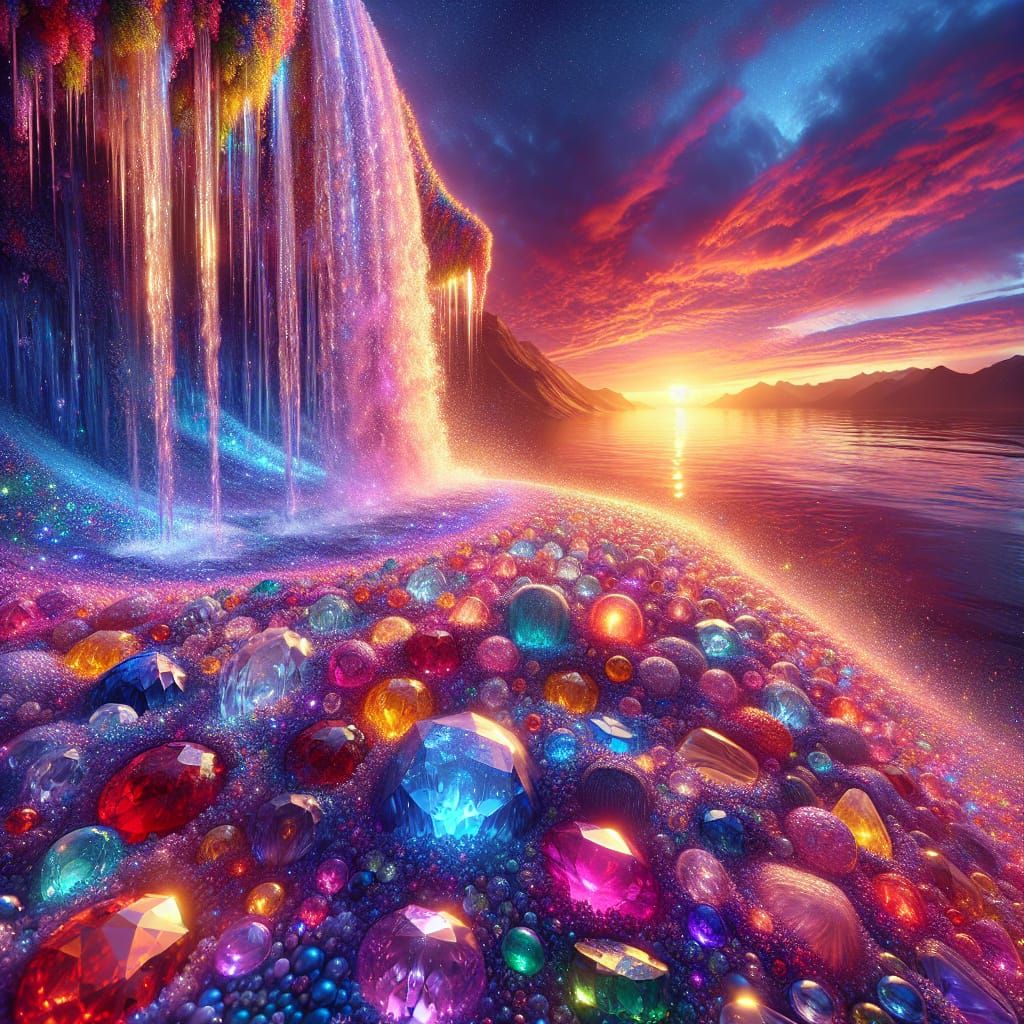 Glittering Gemstone Waterfall at Sunset in 64k