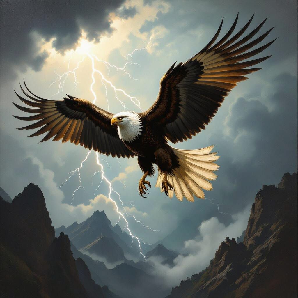 Griffin Soaring Through Stormy Sky as Oil Painting