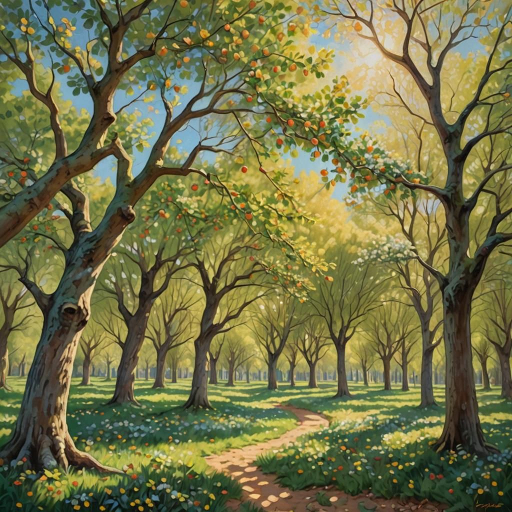 Apple Tree Grove in Oil Painting Style