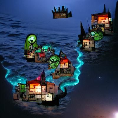 Floating Town Above Monsters in Dark Ocean