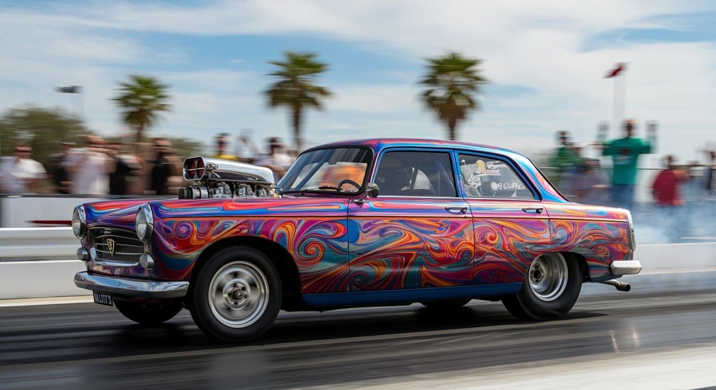 Colorful 1968 Peugeot 404 Gasser in Psychedelic Style