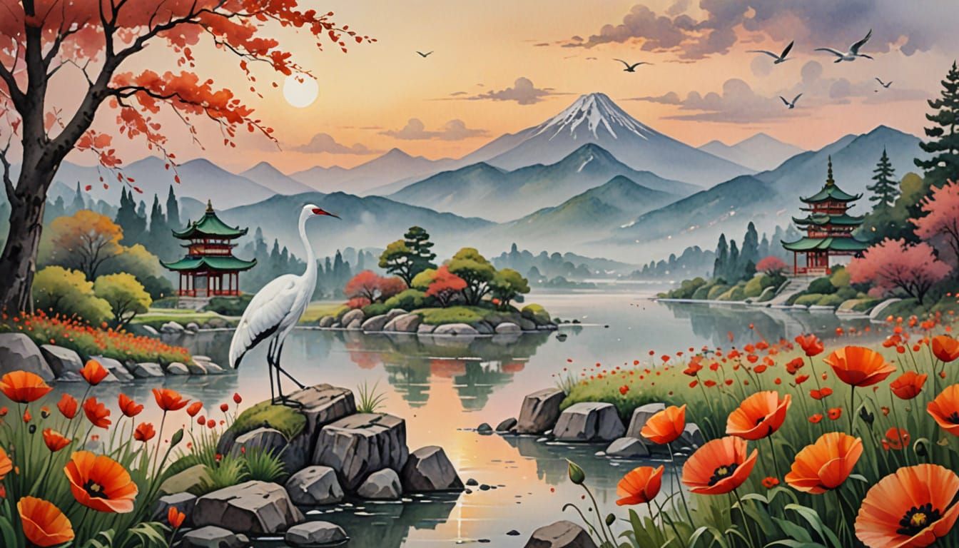Watercolor Crane Painting with Poppies and Pagoda