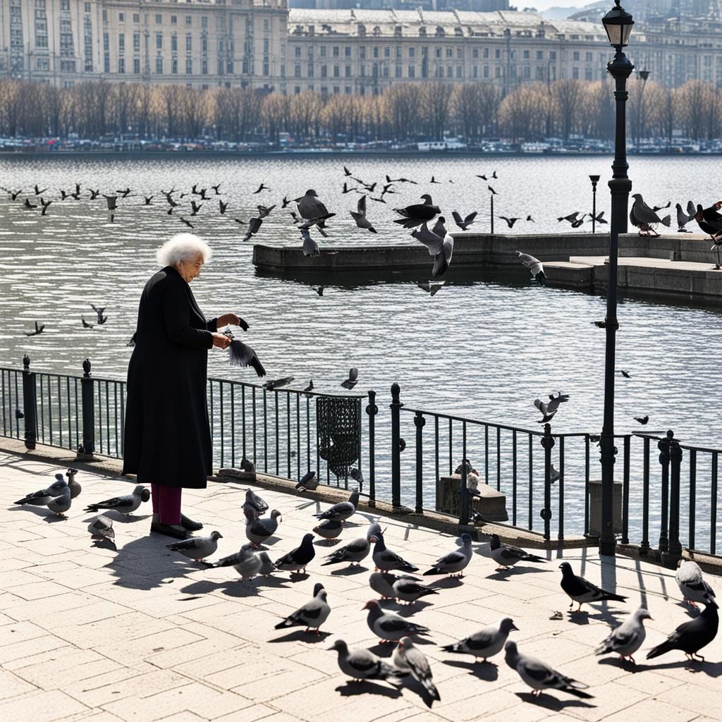 Elderly Woman Feeding Pigeons by City Lake