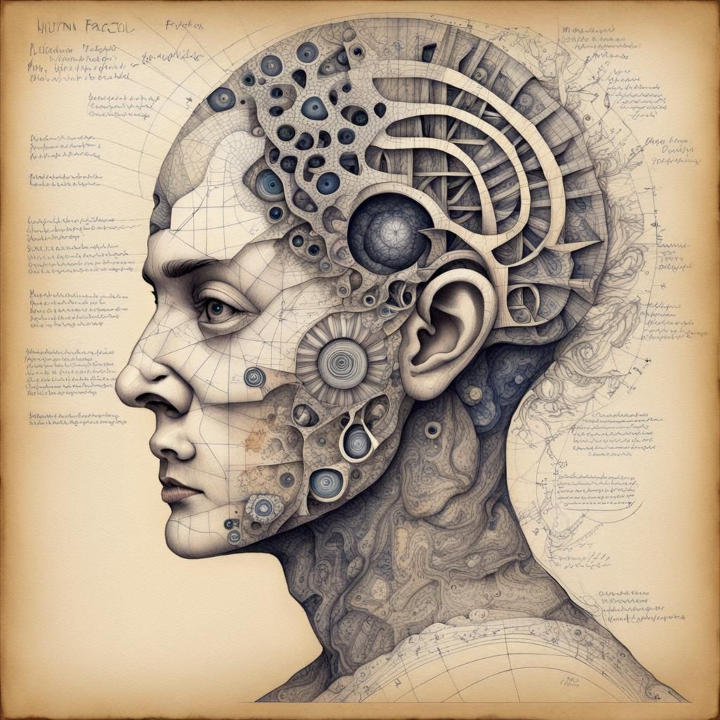 Human Head Cutaway Art Inspired by Voynich Manuscript