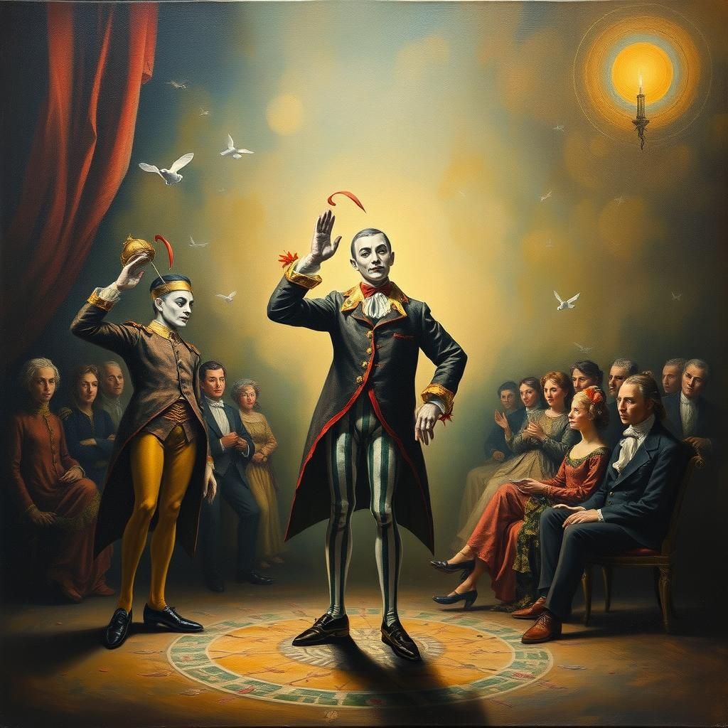 Surreal Harlequin Scene with Sorcerers and Fairies