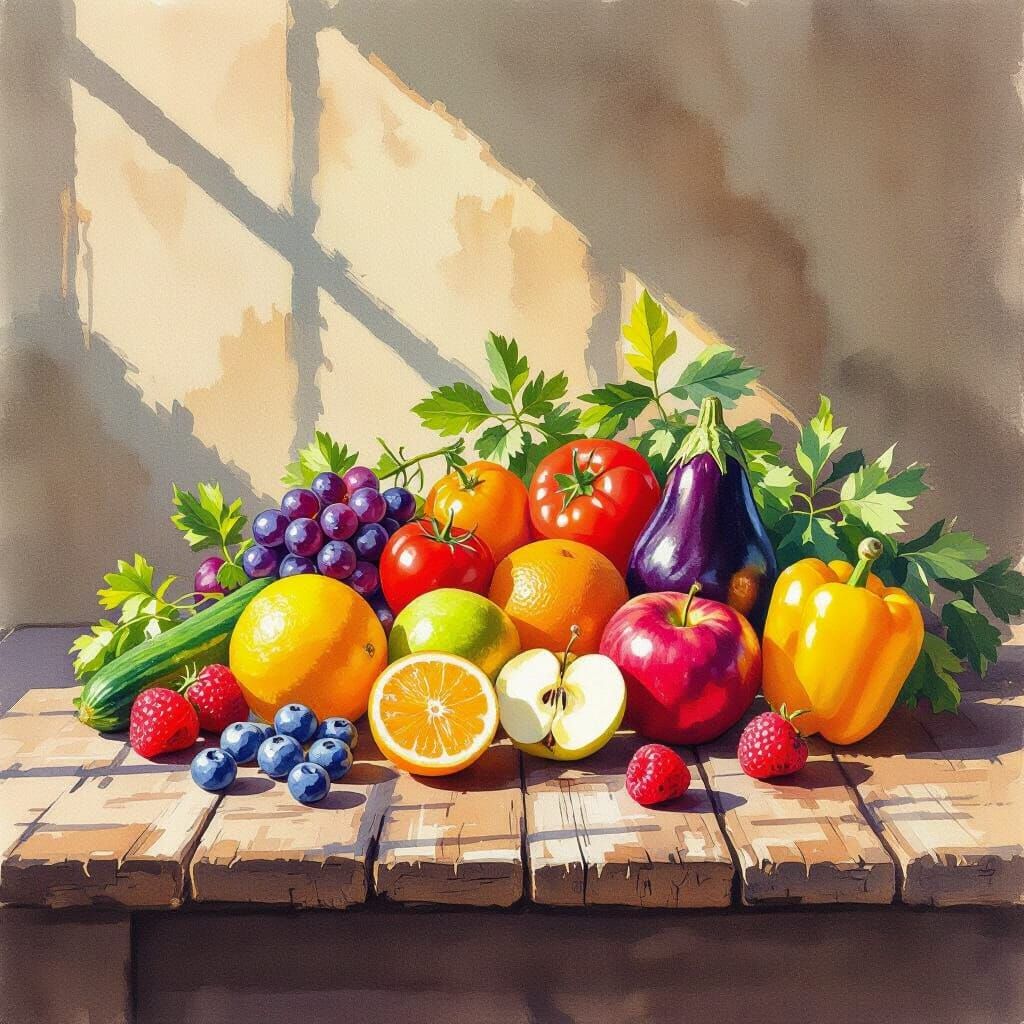 Vibrant Watercolor Still Life of Fruits and Vegetables