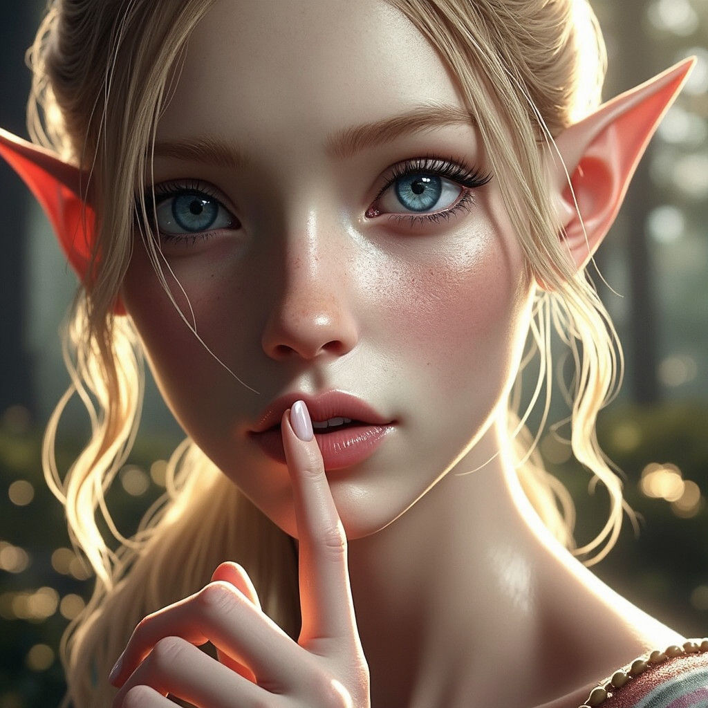 A beautiful, porcelain-skinned elf girl with piercing blue e...