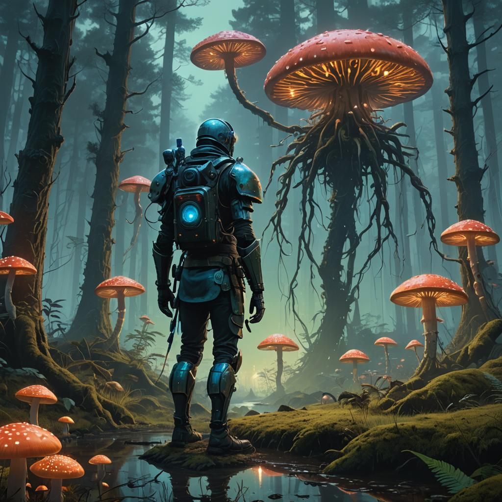 Mystical Warrior in Luminous Forest, Digital Art