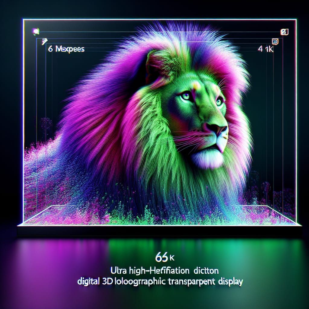 Ultra high definition digital 3D holographic transparent display of a lion green and magenta 64 megapixels 8K resolution...