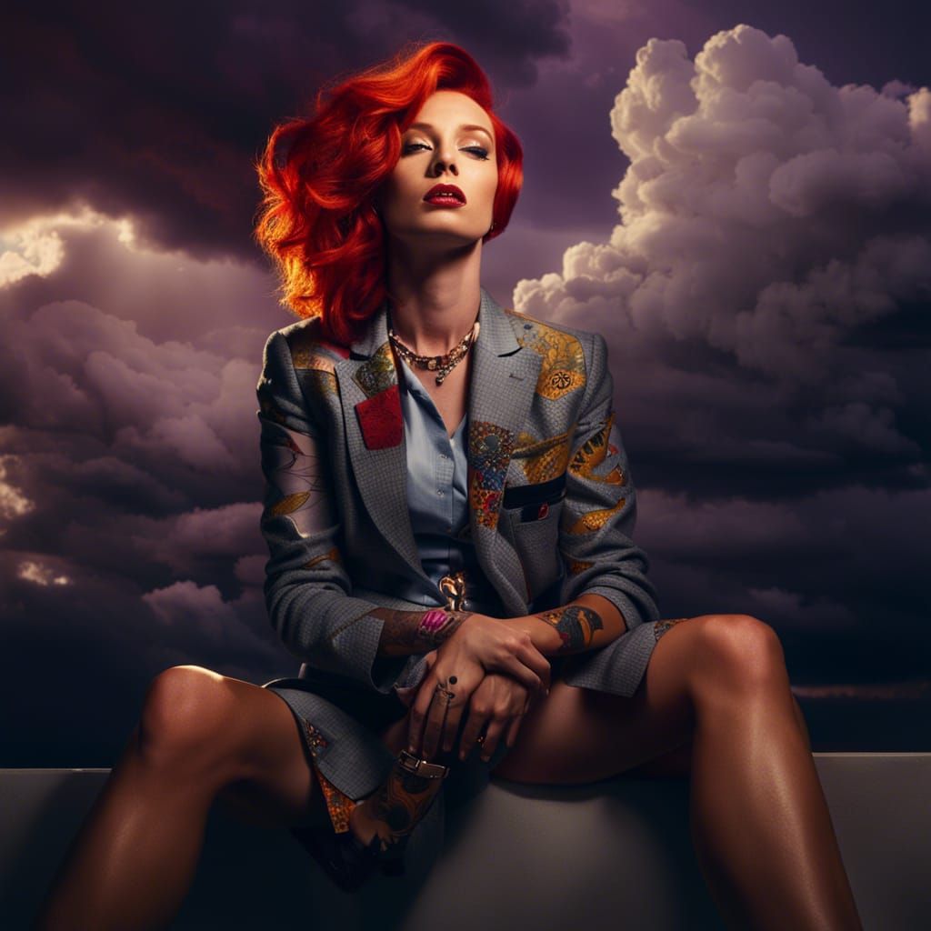 Pop Art Woman on Storm Clouds in Golden Hour