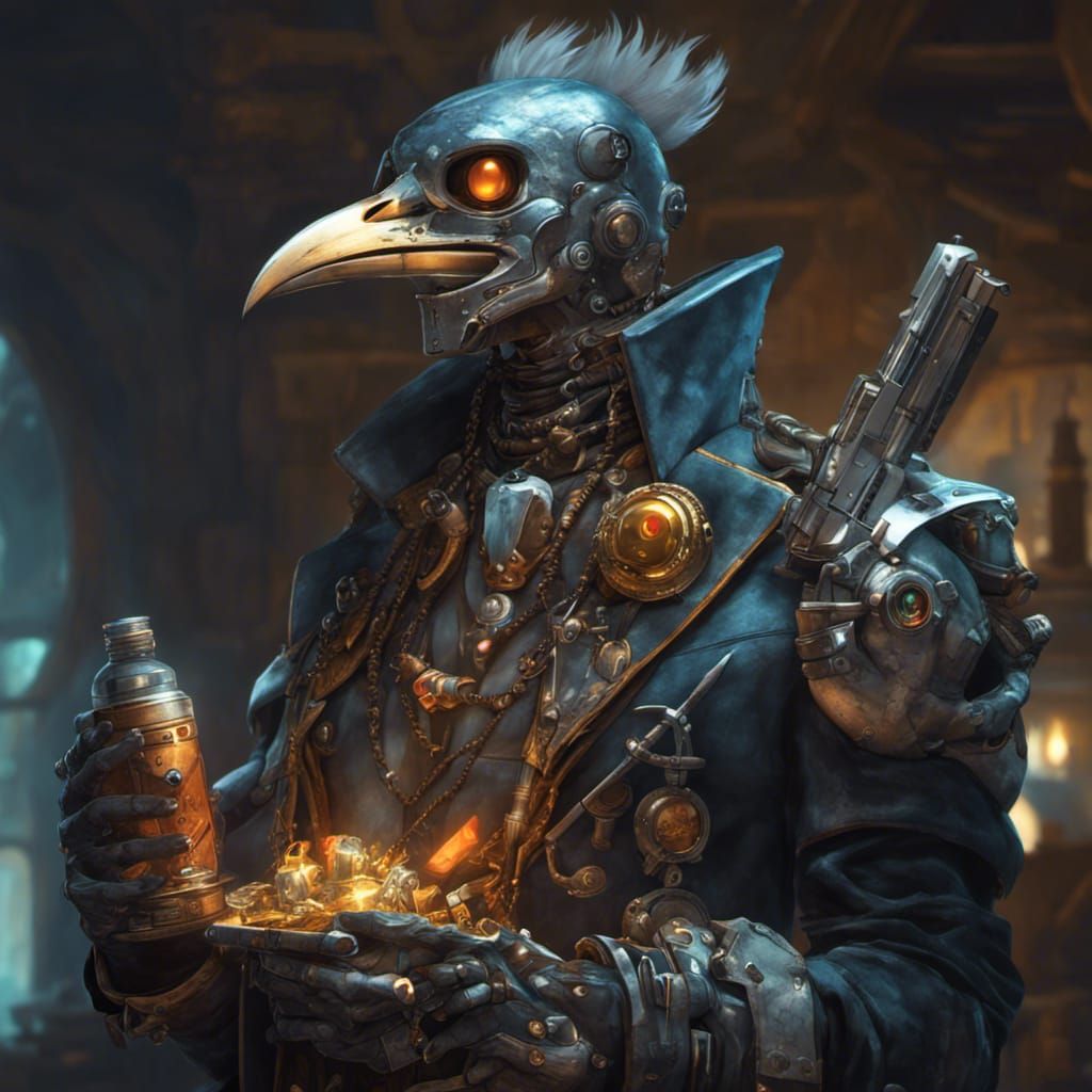 Cybernetic Space Pirate with Robotic Bird, Detailed Art