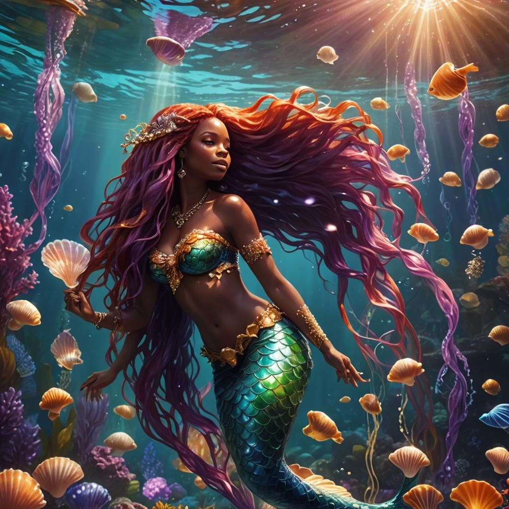 African Mermaid in Underwater Garden: Fantasy Concept Art