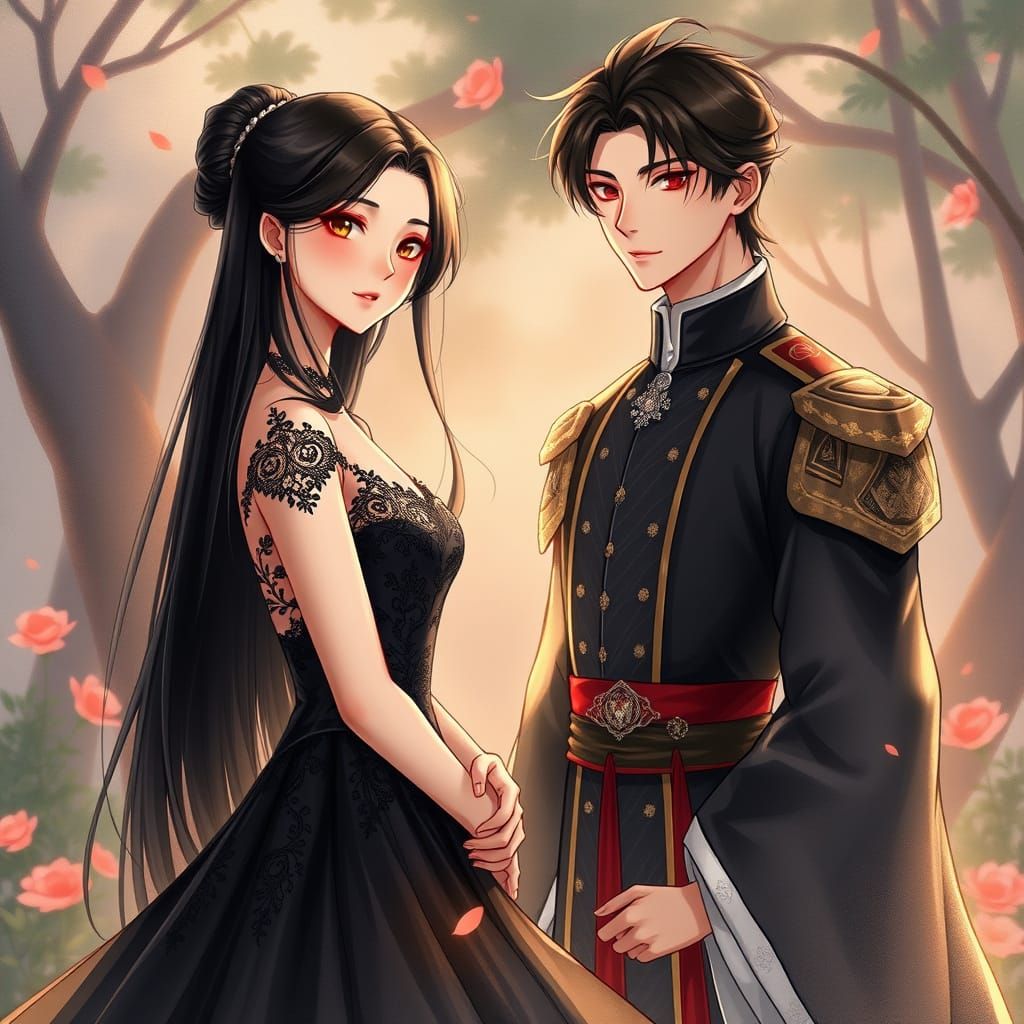 Young Woman and Regal Prince in Japanese Garden