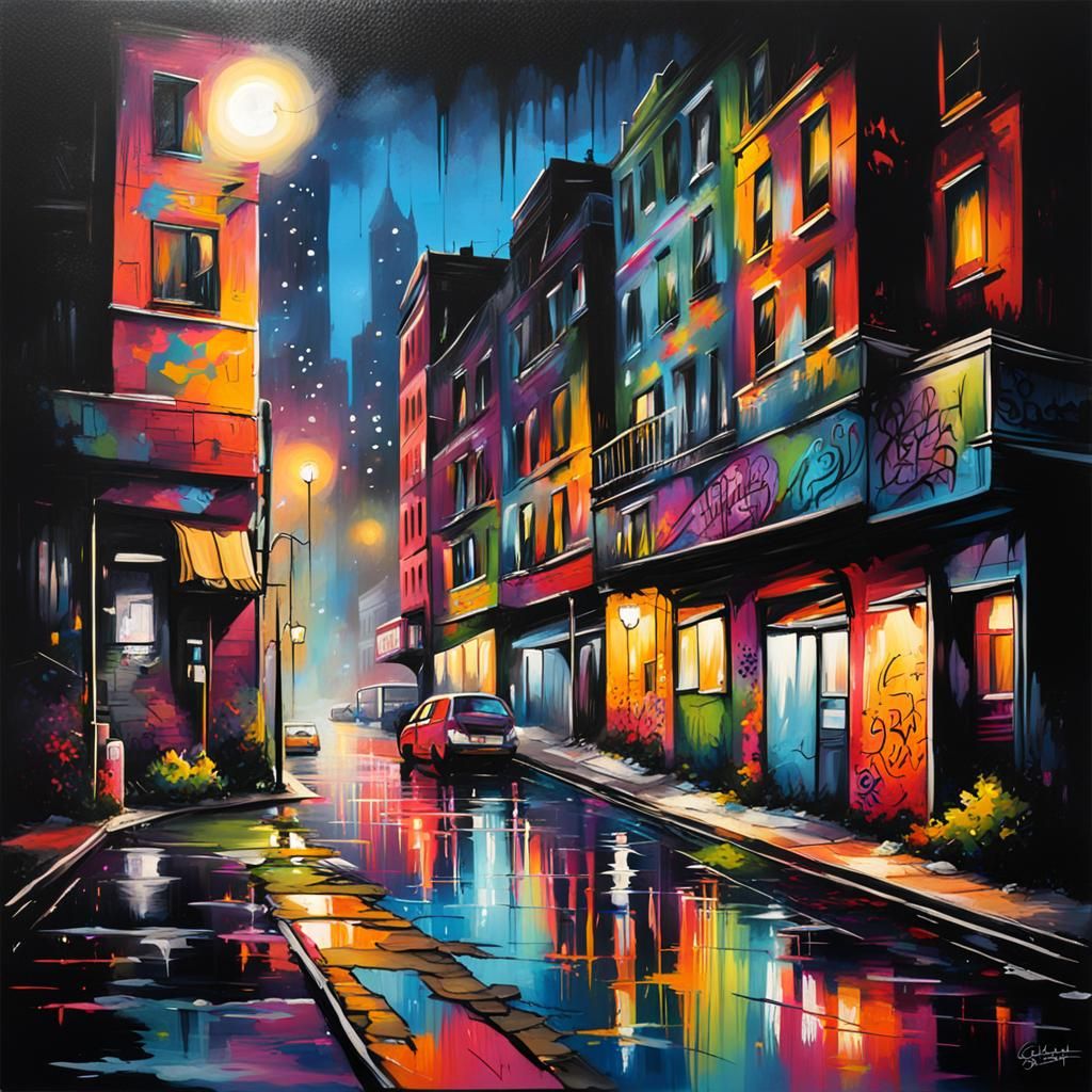 Vibrant Night Cityscape in Graffiti Art Style