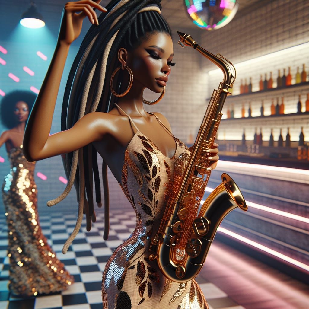 Afro-American Lady Playing Golden Saxophone in Disco