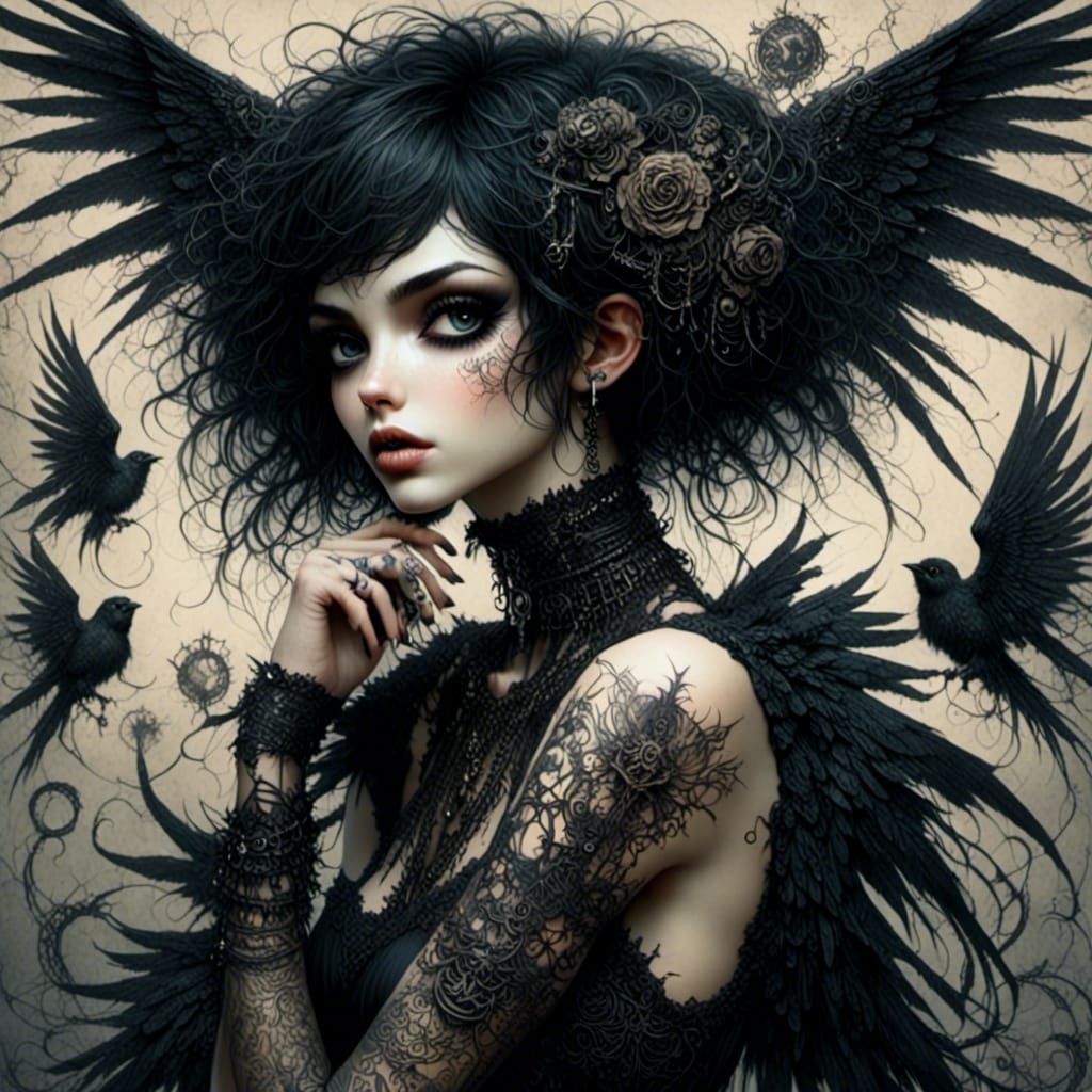 Fallen Angel with Celestial Tattoos in Gothic Style