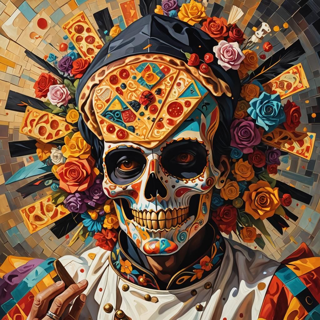 Cubist Death Chef with Tarot Card Pizza