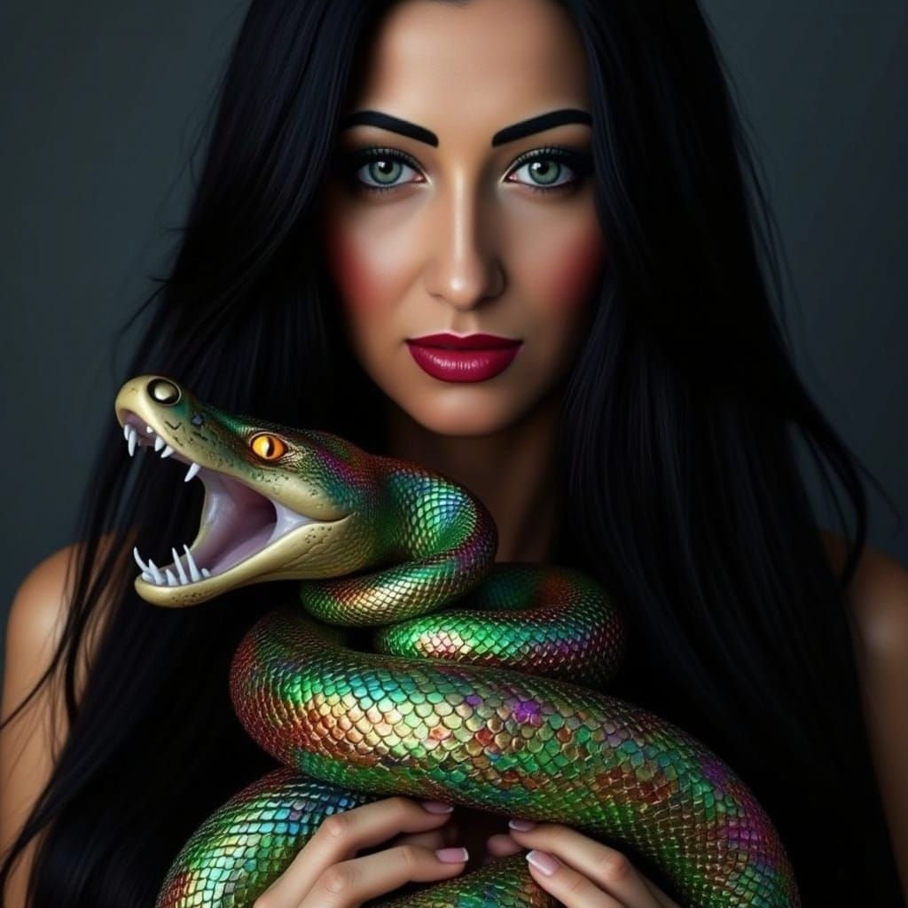 Woman with Snake in Hyperrealistic Fantasy Art Style