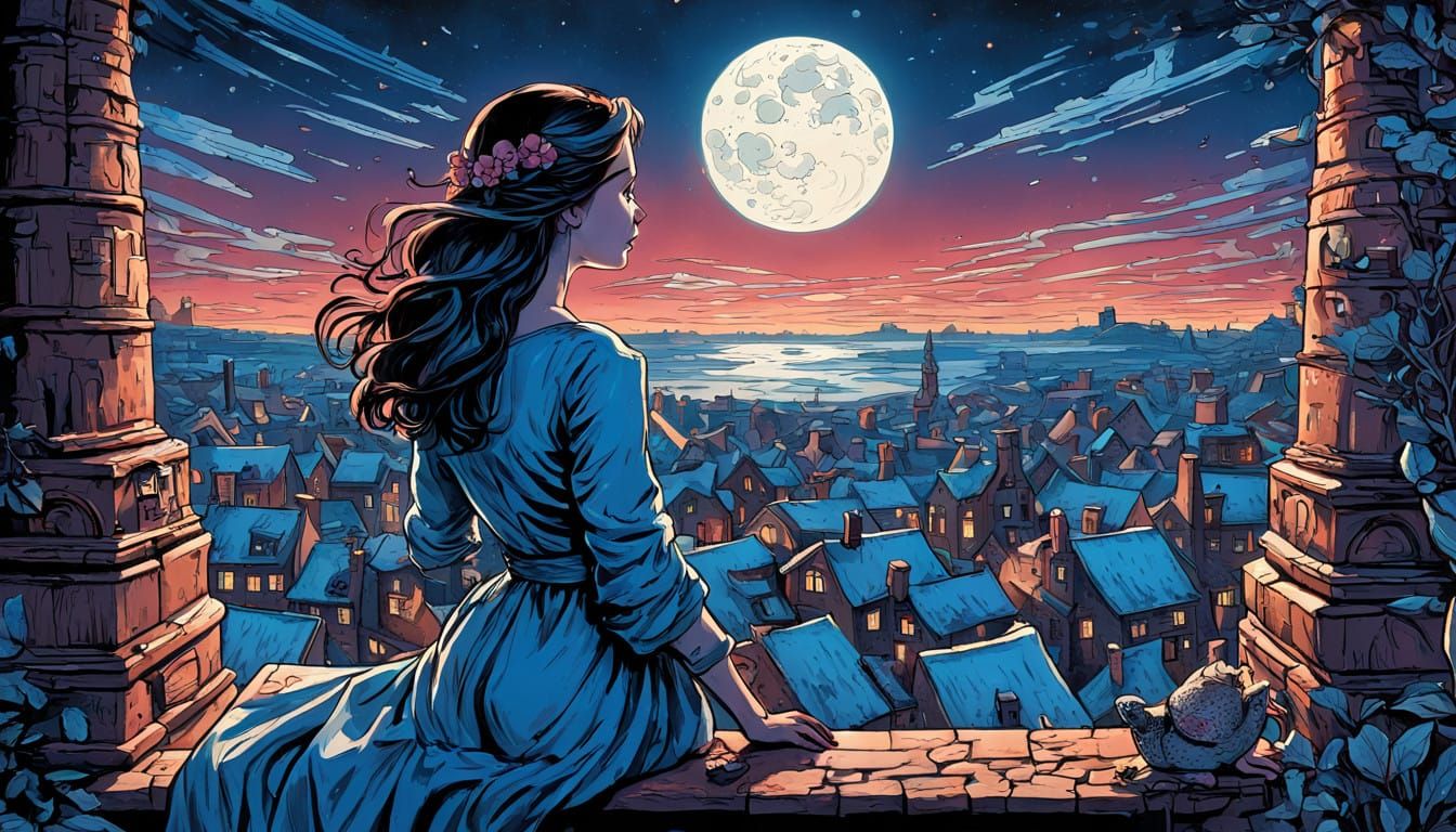 Woman on the Brink of a Magical Discovery in a Dusklit Towns...