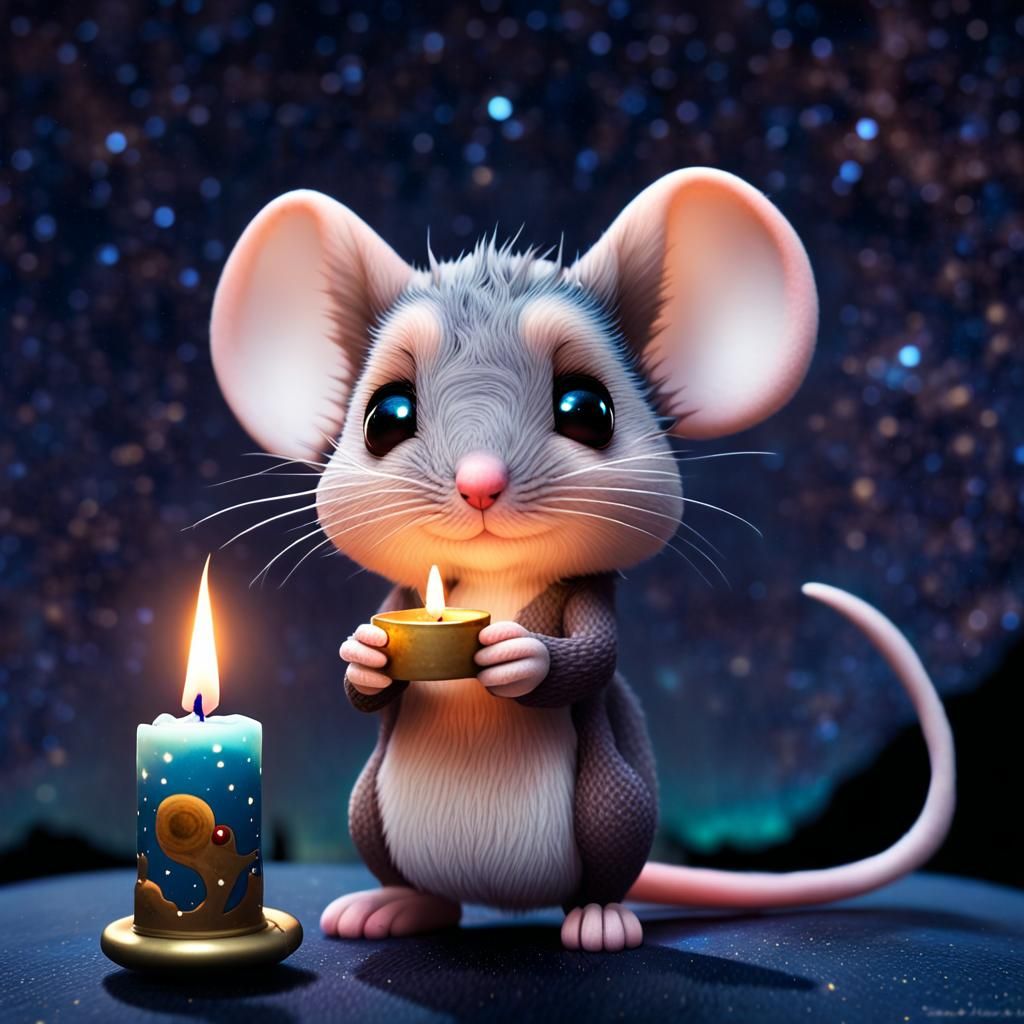 Chibi Mouse Holds Candle in Starry Night Sky