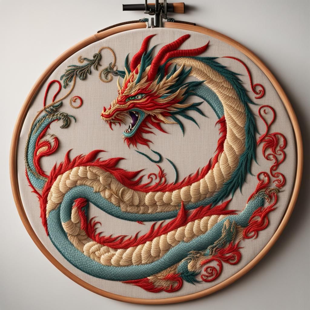 Elaborate Embroidered Dragon on Hoop
