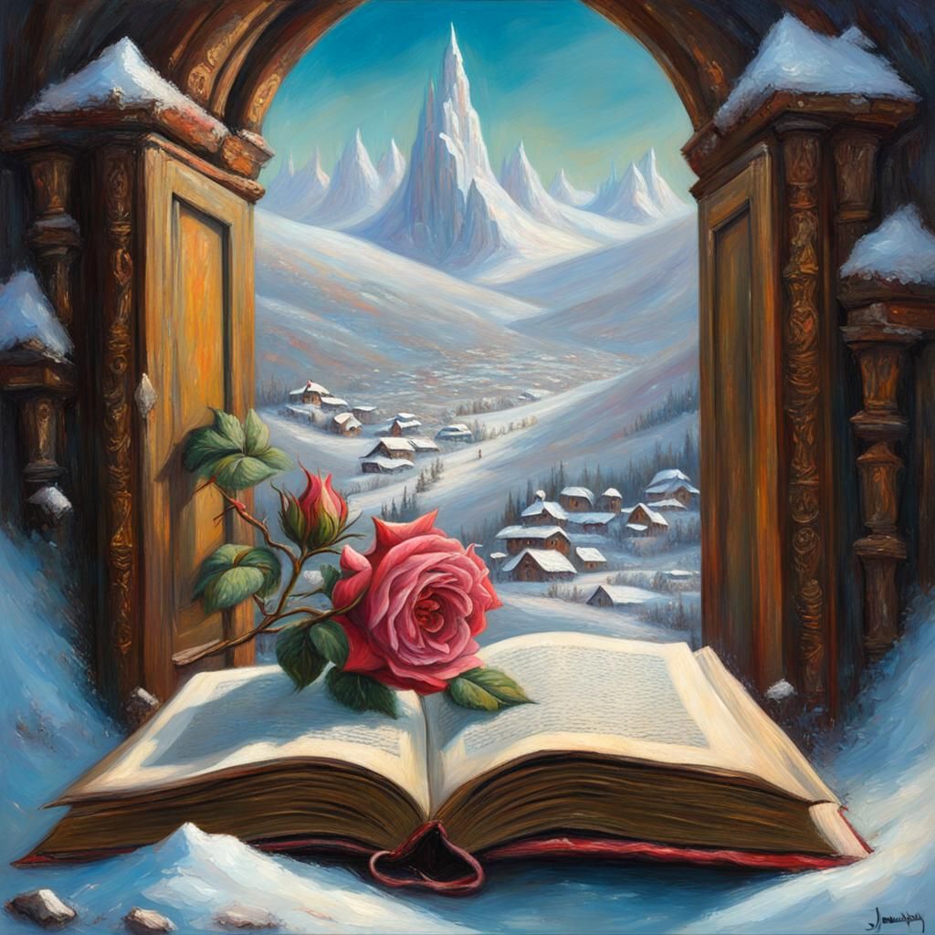 Frozen Roses Bloom in Ancient Book, Winter Scene